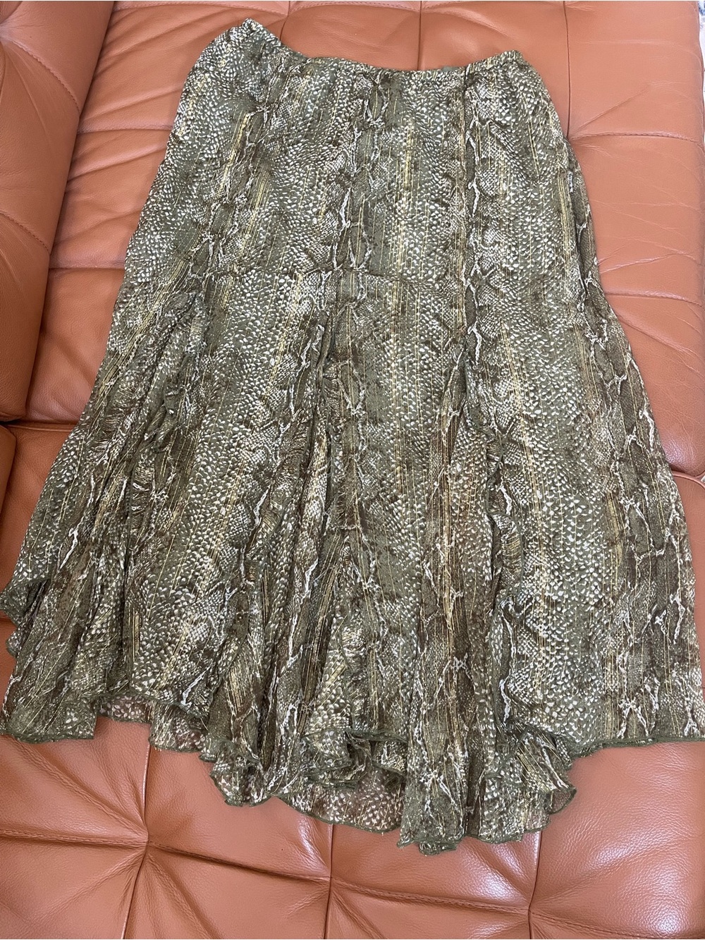 Bob Mackie Silk Olive Snake-Print Midi Skirt